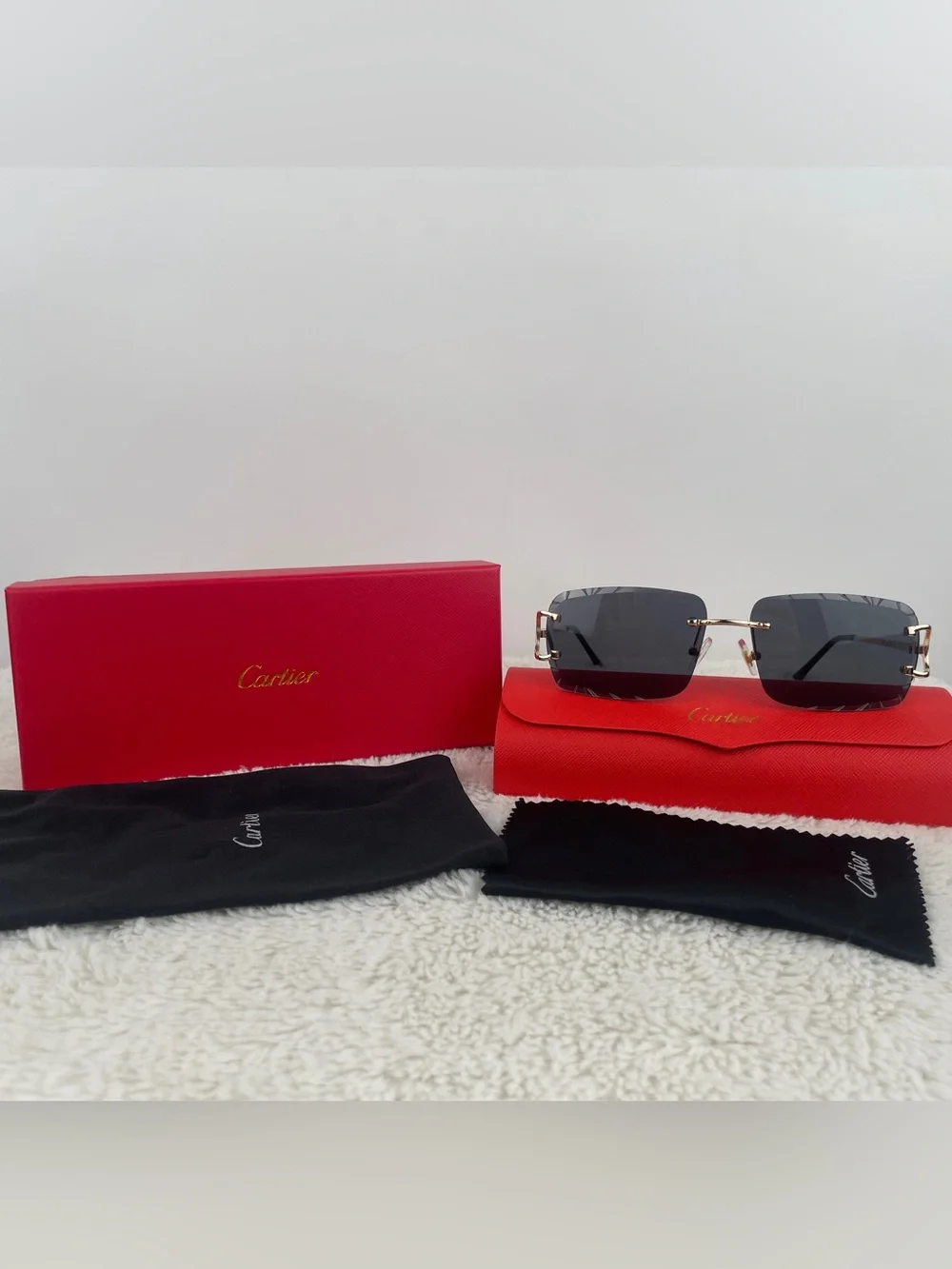 Cartier Big C Diamond Cut Sunglasses Black Lenses Gold Frame